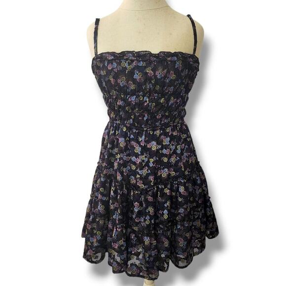 Angie Floral Mini Dress Boho Goth Floral Burn Out Y2K festival Size M Tiered - Picture 1 of 11